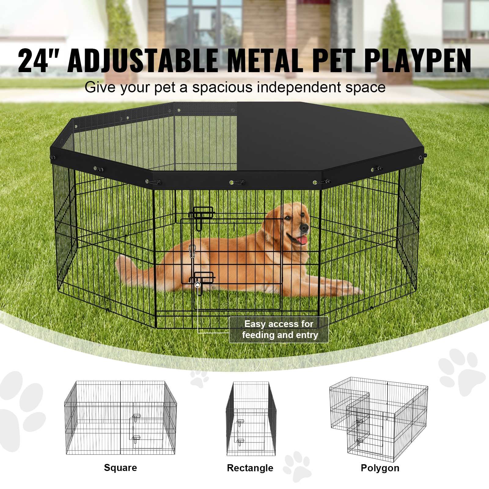 Dog Playpen, 8 Panels Foldable Metal Dog Exercise Pen With Top Cover, 24" H Pet Fence Puppy Crate Kennel With Ground Stakes, Indoor Outdoor Dog Pen For Small Medium Pets, For Camping, Yard_maomaolike.com